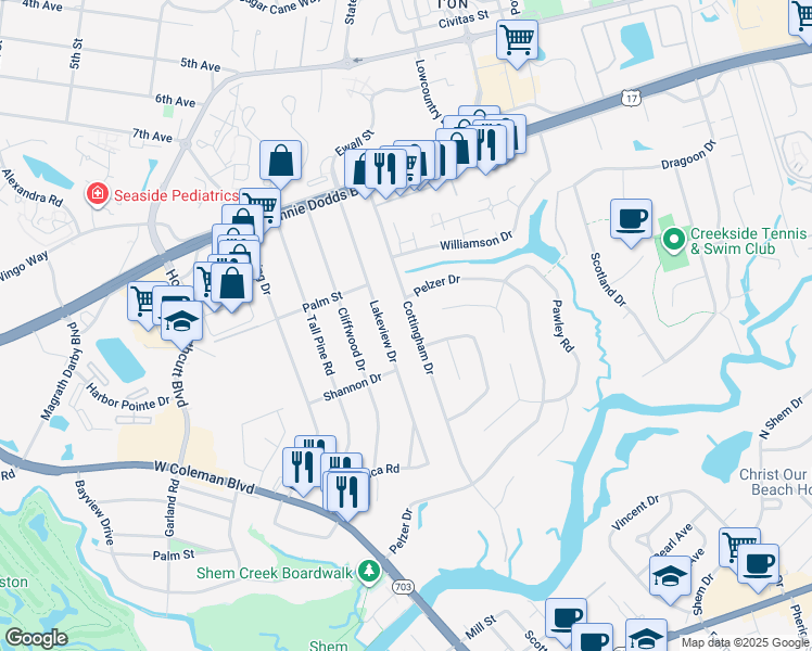 map of restaurants, bars, coffee shops, grocery stores, and more near 992 Cottingham Drive in Mount Pleasant