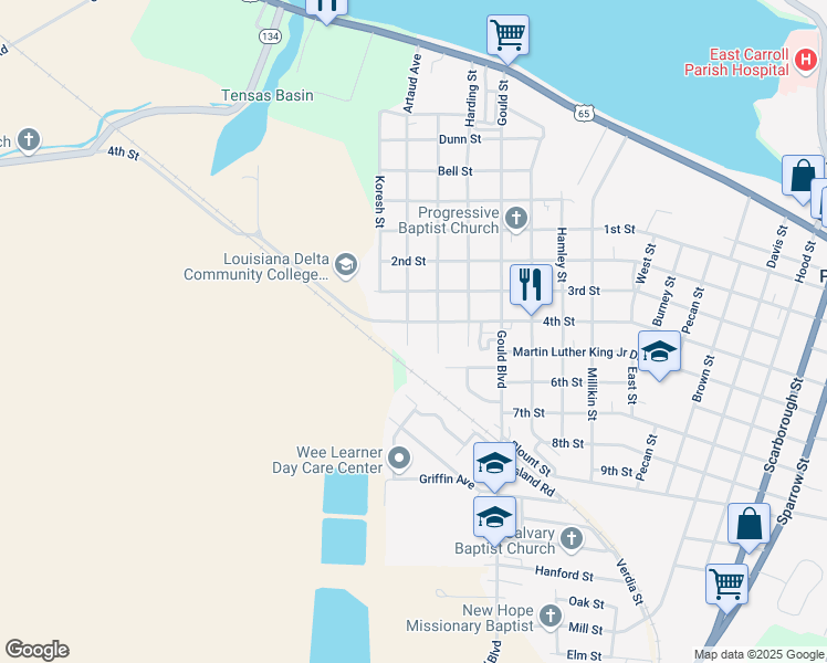 map of restaurants, bars, coffee shops, grocery stores, and more near Artaud Avenue in Lake Providence