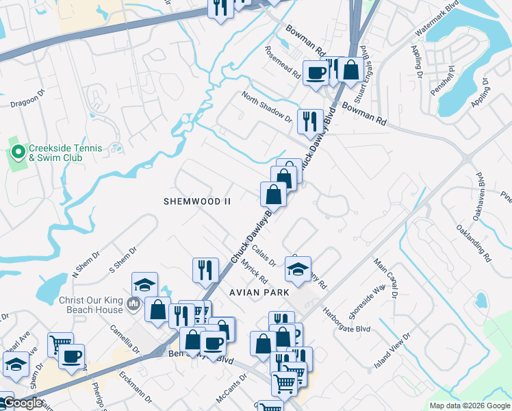 map of restaurants, bars, coffee shops, grocery stores, and more near 1122 Interstate 526 Business Spur in Mount Pleasant