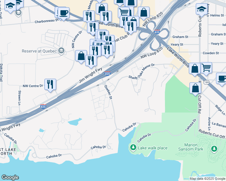 map of restaurants, bars, coffee shops, grocery stores, and more near 6478 Shady Oaks Manor Drive in Fort Worth