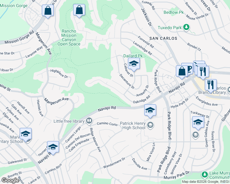 map of restaurants, bars, coffee shops, grocery stores, and more near 6387 Oakridge Road in San Diego
