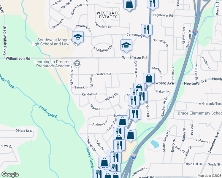 map of restaurants, bars, coffee shops, grocery stores, and more near 3454 Tamplin Terrace in Macon