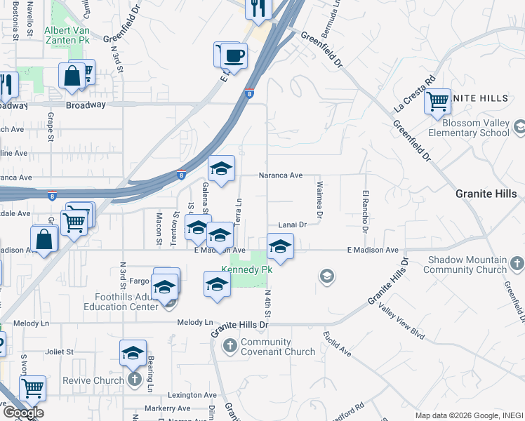 map of restaurants, bars, coffee shops, grocery stores, and more near 716 North 4th Street in El Cajon