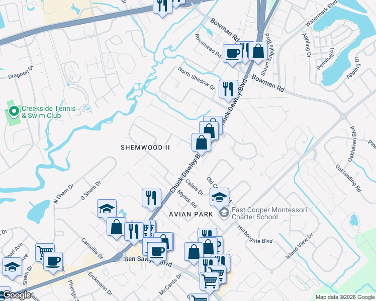 map of restaurants, bars, coffee shops, grocery stores, and more near 907 Royal Tern Lane in Mount Pleasant