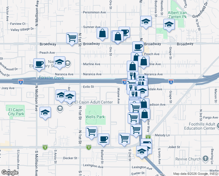 map of restaurants, bars, coffee shops, grocery stores, and more near 1197 Evilo Street in El Cajon