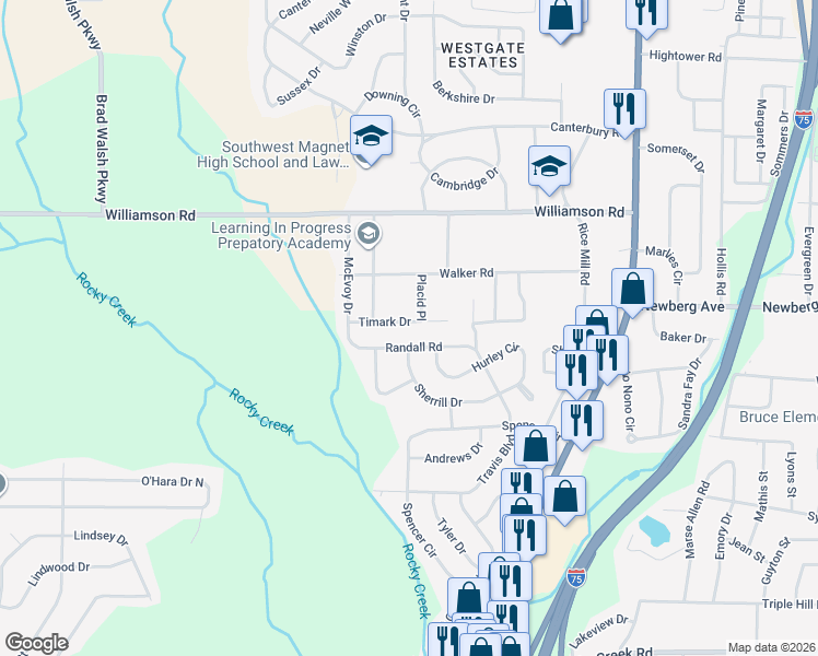 map of restaurants, bars, coffee shops, grocery stores, and more near 1673 Randall Road in Macon