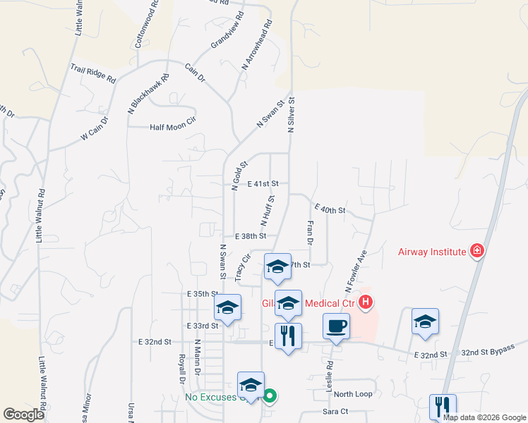 map of restaurants, bars, coffee shops, grocery stores, and more near 3825 North Huff Street in Silver City