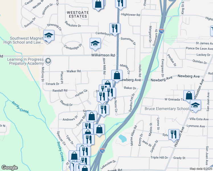 map of restaurants, bars, coffee shops, grocery stores, and more near 3361 Rice Mill Road in Macon