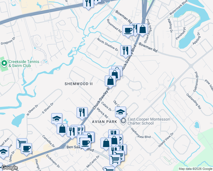 map of restaurants, bars, coffee shops, grocery stores, and more near 1122 Interstate 526 Business Spur in Mount Pleasant