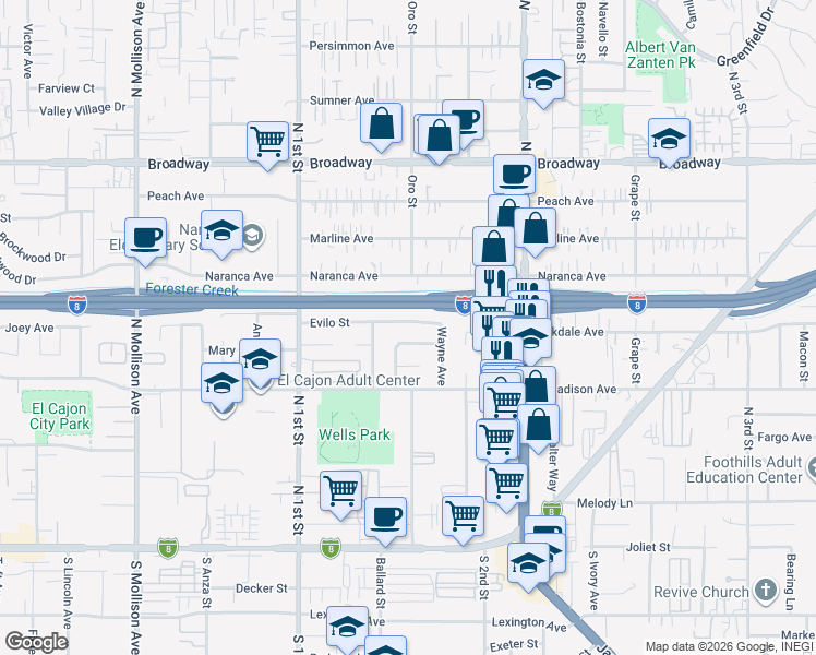 map of restaurants, bars, coffee shops, grocery stores, and more near 1197 Evilo Street in El Cajon