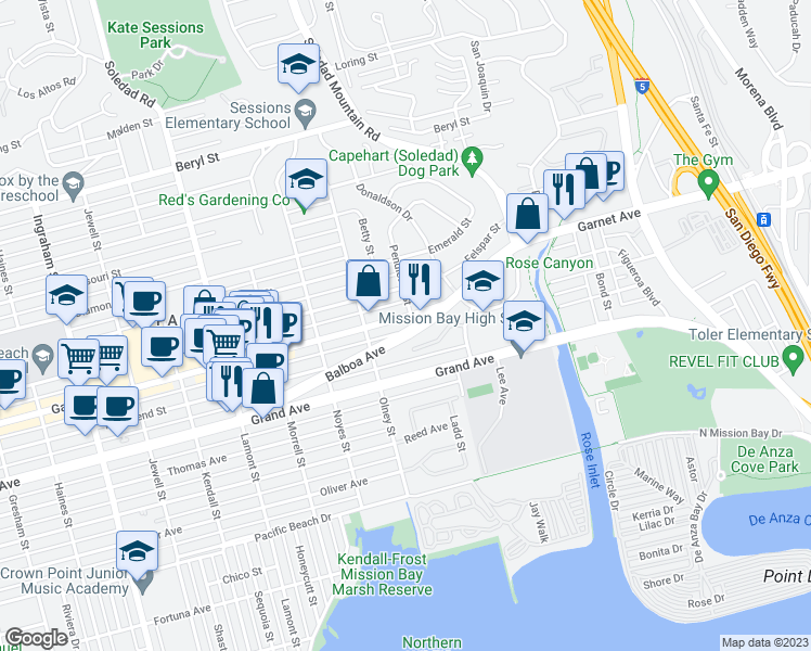 map of restaurants, bars, coffee shops, grocery stores, and more near 2330 Culver Way in San Diego