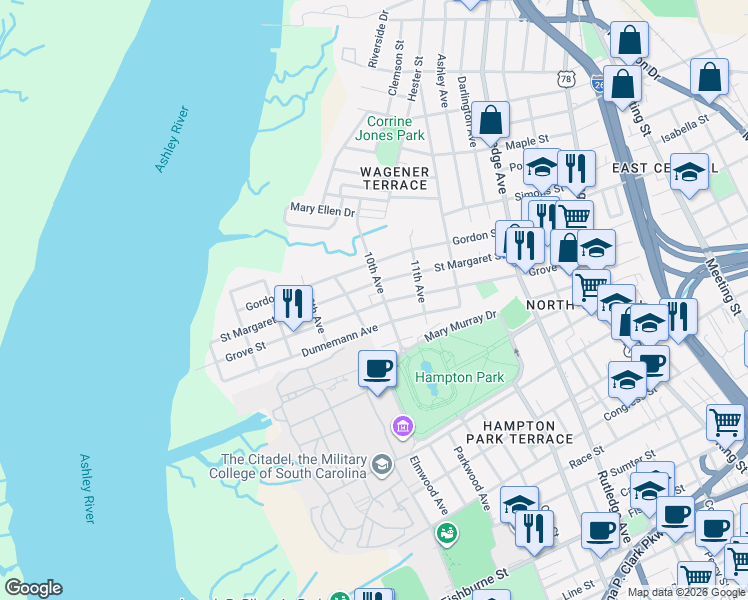 map of restaurants, bars, coffee shops, grocery stores, and more near 224 Grove Street in Charleston