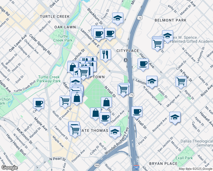 map of restaurants, bars, coffee shops, grocery stores, and more near 2700 North Hall Street in Dallas