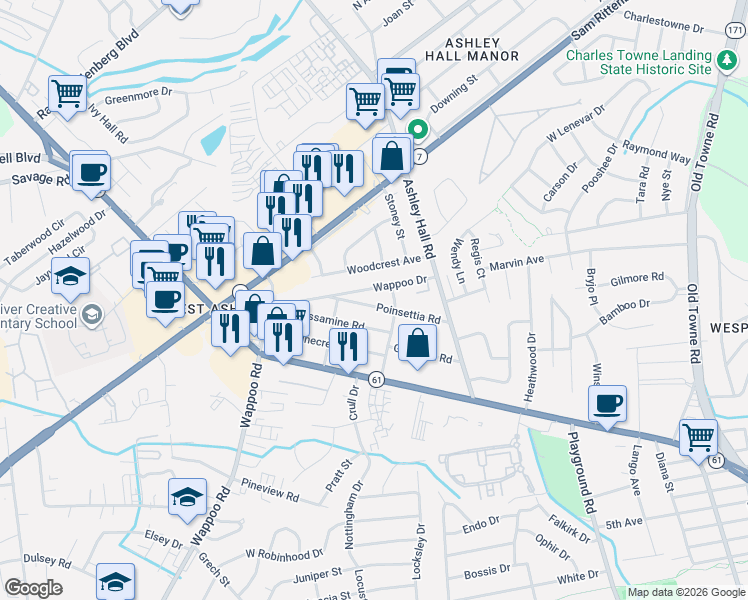 map of restaurants, bars, coffee shops, grocery stores, and more near 1609 Poinsettia Road in Charleston