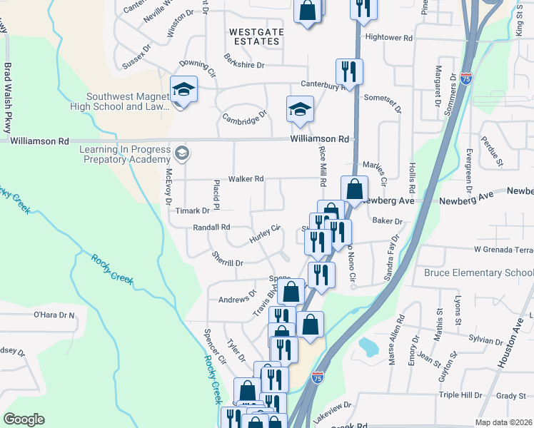 map of restaurants, bars, coffee shops, grocery stores, and more near 3454 Tamplin Terrace in Macon