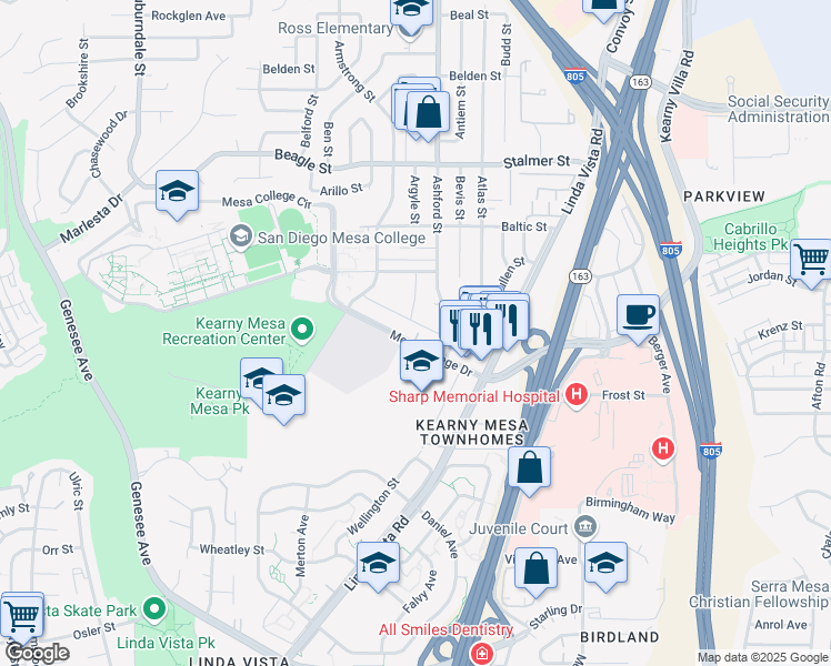 map of restaurants, bars, coffee shops, grocery stores, and more near 7414 Mesa College Drive in San Diego