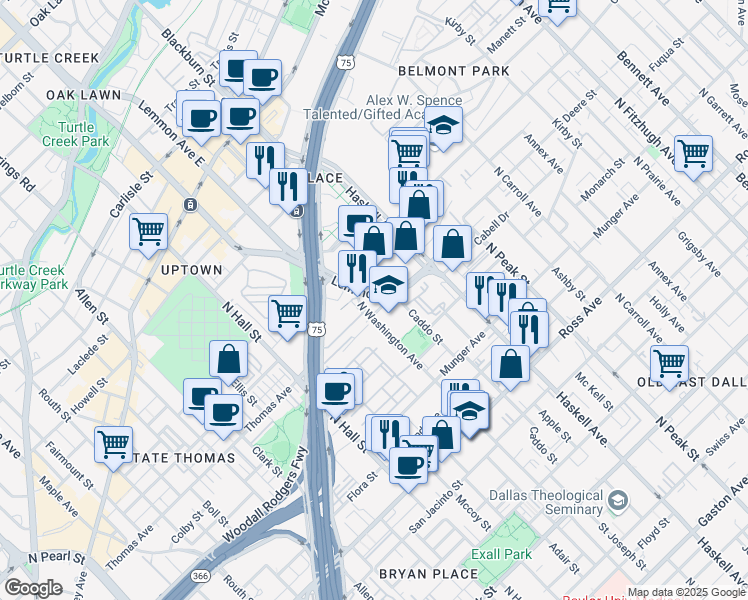 map of restaurants, bars, coffee shops, grocery stores, and more near 2404 North Washington Avenue in Dallas