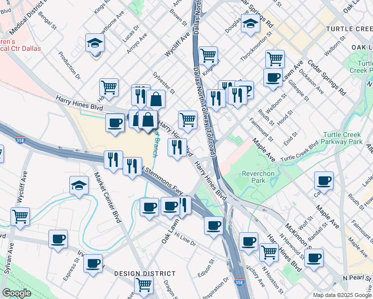 map of restaurants, bars, coffee shops, grocery stores, and more near 3853 Harry Hines Boulevard in Dallas