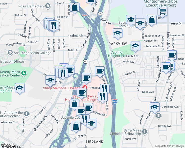 map of restaurants, bars, coffee shops, grocery stores, and more near in San Diego