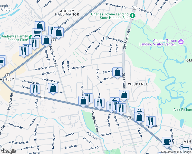 map of restaurants, bars, coffee shops, grocery stores, and more near 1315 Bryjo Place in Charleston