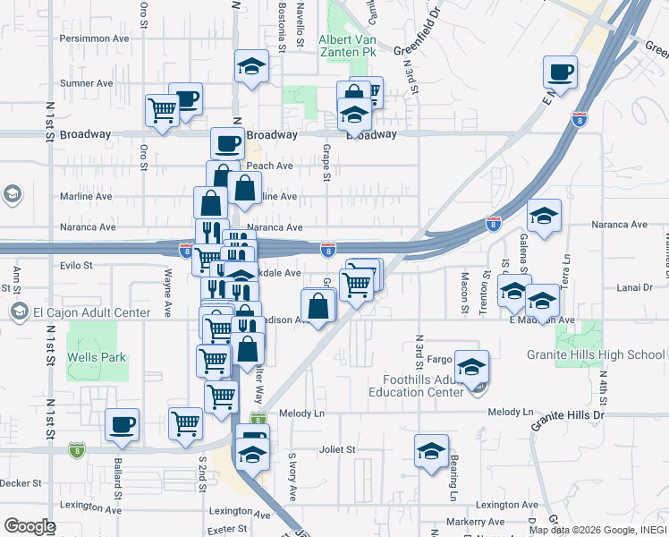 map of restaurants, bars, coffee shops, grocery stores, and more near 1406-8 Oakdale Avenue in El Cajon