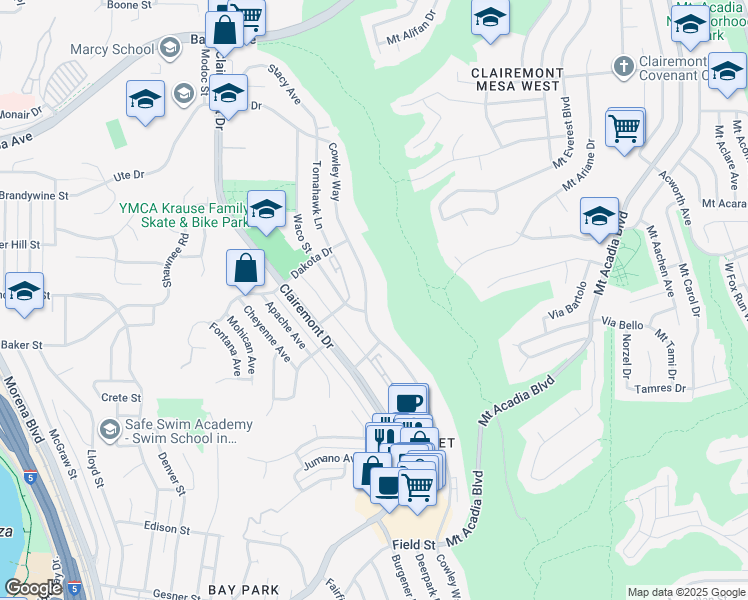 map of restaurants, bars, coffee shops, grocery stores, and more near 3317 Cowley Way in San Diego