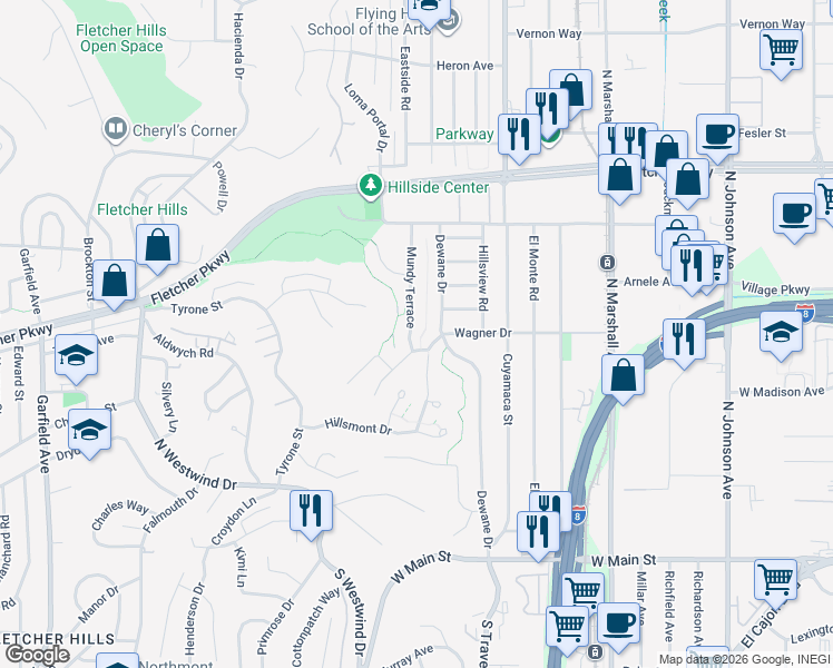 map of restaurants, bars, coffee shops, grocery stores, and more near 556 Mundy Terrace in El Cajon