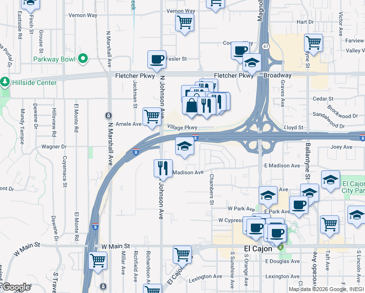 map of restaurants, bars, coffee shops, grocery stores, and more near in El Cajon