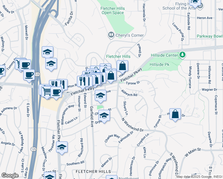 map of restaurants, bars, coffee shops, grocery stores, and more near 584 North Westwind Drive in El Cajon