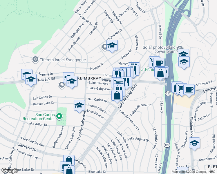map of restaurants, bars, coffee shops, grocery stores, and more near 8433 Lake Gaby Avenue in San Diego