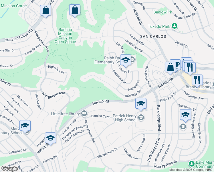 map of restaurants, bars, coffee shops, grocery stores, and more near 6387 Oakridge Road in San Diego