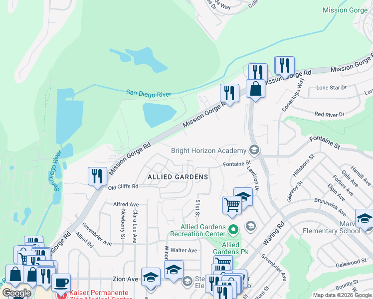map of restaurants, bars, coffee shops, grocery stores, and more near 5003 Old Cliffs Road in San Diego