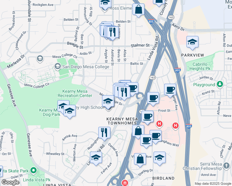 map of restaurants, bars, coffee shops, grocery stores, and more near 3187 Ashford Street in San Diego