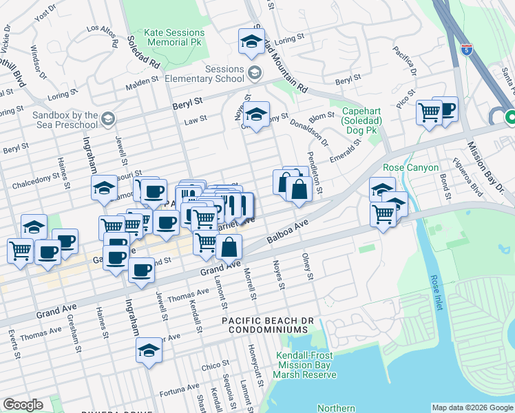 map of restaurants, bars, coffee shops, grocery stores, and more near 2050 Garnet Avenue in San Diego