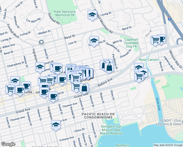 map of restaurants, bars, coffee shops, grocery stores, and more near 2050 Garnet Avenue in San Diego
