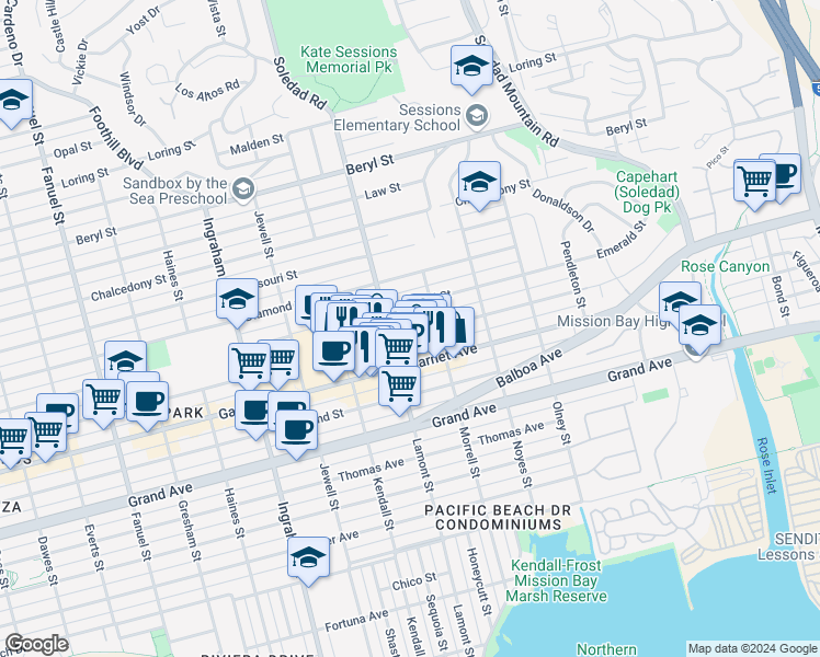 map of restaurants, bars, coffee shops, grocery stores, and more near in San Diego