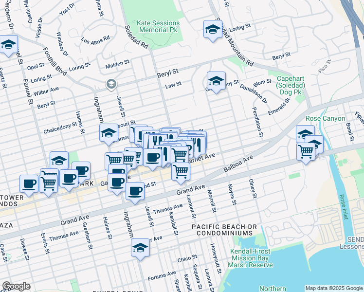 map of restaurants, bars, coffee shops, grocery stores, and more near in San Diego