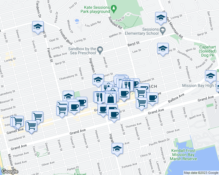 map of restaurants, bars, coffee shops, grocery stores, and more near 1672 Emerald Street in San Diego