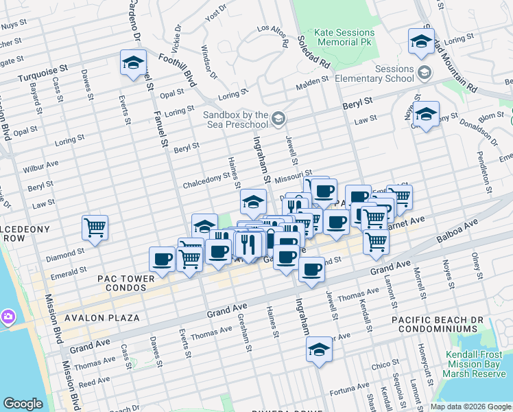 map of restaurants, bars, coffee shops, grocery stores, and more near 1516 Diamond Street in San Diego