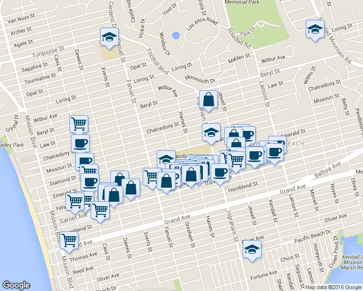 map of restaurants, bars, coffee shops, grocery stores, and more near 1450 Diamond Street in San Diego
