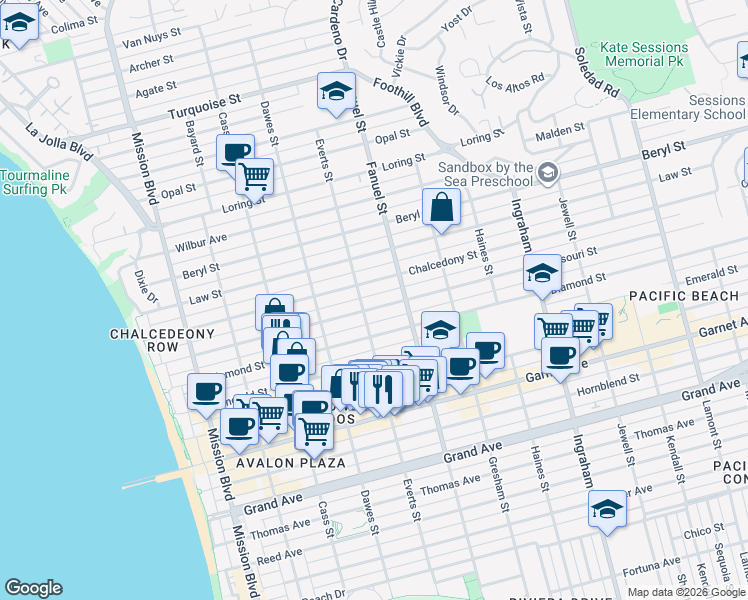 map of restaurants, bars, coffee shops, grocery stores, and more near 1212 Missouri Street in San Diego