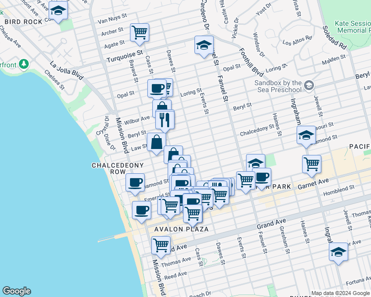 map of restaurants, bars, coffee shops, grocery stores, and more near in San Diego