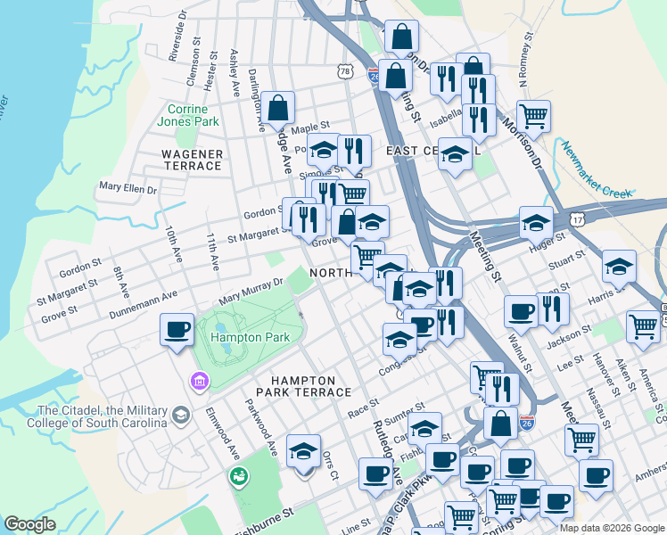 map of restaurants, bars, coffee shops, grocery stores, and more near 16 Cleveland Street in Charleston