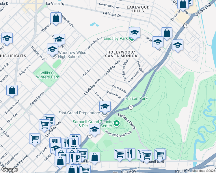 map of restaurants, bars, coffee shops, grocery stores, and more near 912 Valencia Street in Dallas