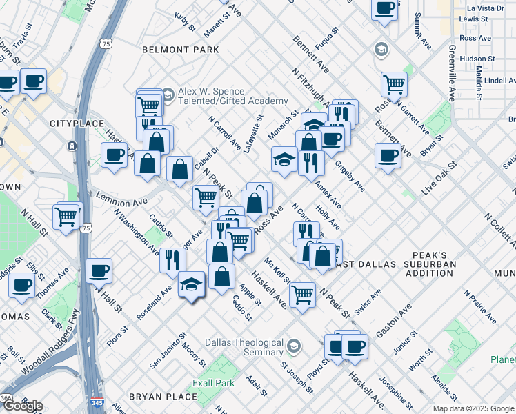 map of restaurants, bars, coffee shops, grocery stores, and more near 4234 Roseland Avenue in Dallas