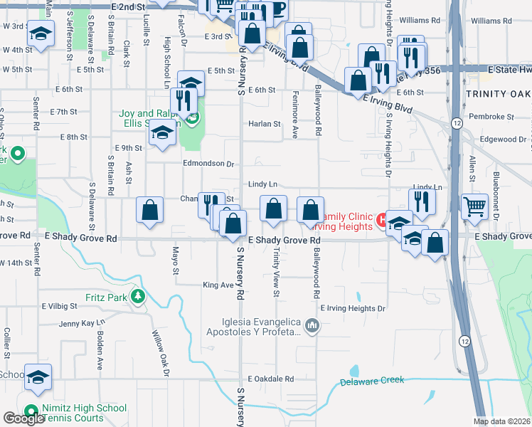 map of restaurants, bars, coffee shops, grocery stores, and more near 1112 Stella Street in Irving
