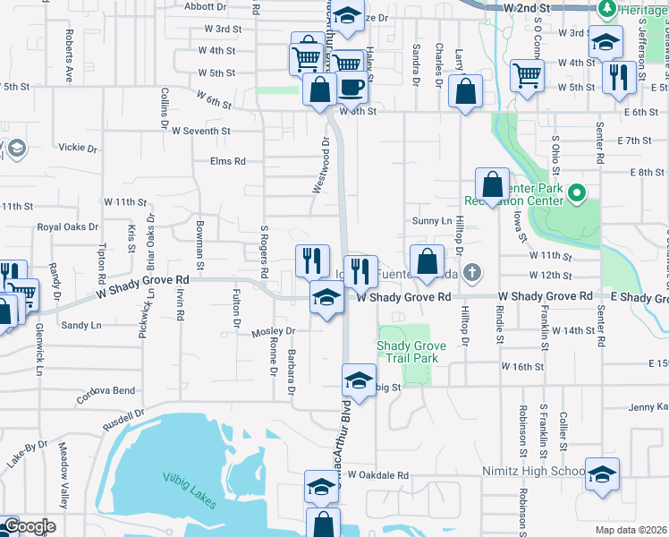 map of restaurants, bars, coffee shops, grocery stores, and more near in Irving