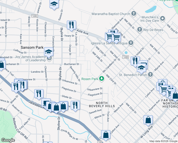map of restaurants, bars, coffee shops, grocery stores, and more near 2900 La Junta Street in Westworth Village