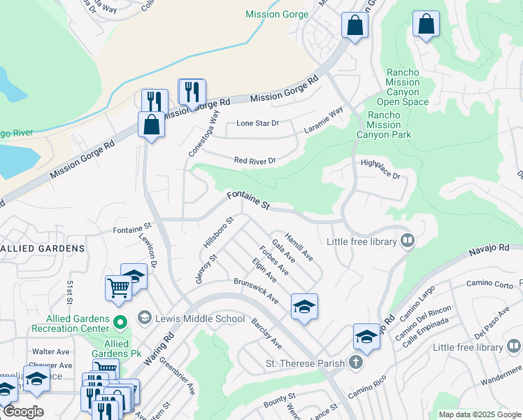 map of restaurants, bars, coffee shops, grocery stores, and more near 5643 Fontaine Street in San Diego