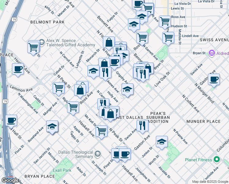 map of restaurants, bars, coffee shops, grocery stores, and more near 1415 Annex Avenue in Dallas